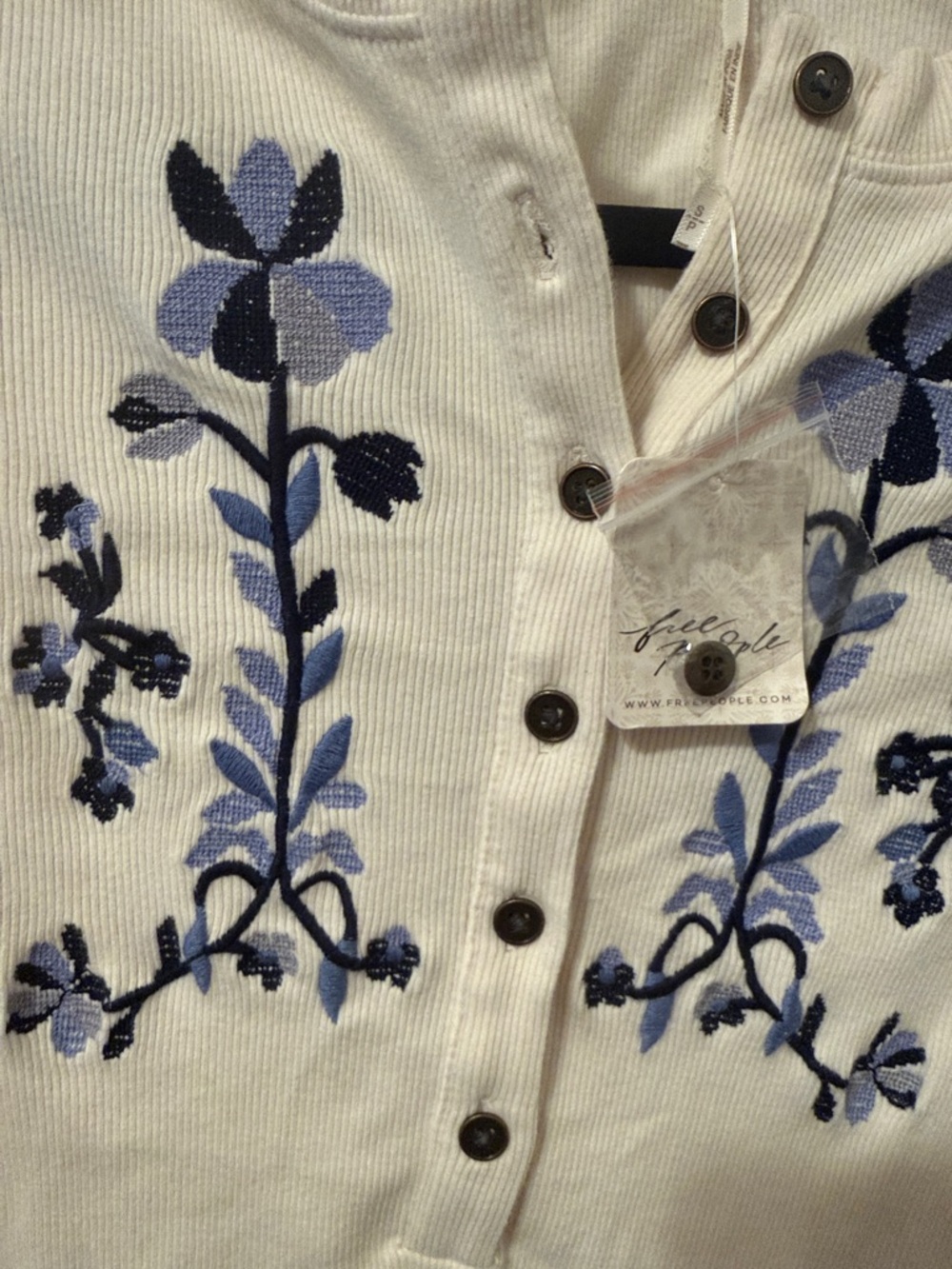 Free People Cream Henley Top with Blue Floral Embroidery - Picture 3 of 5